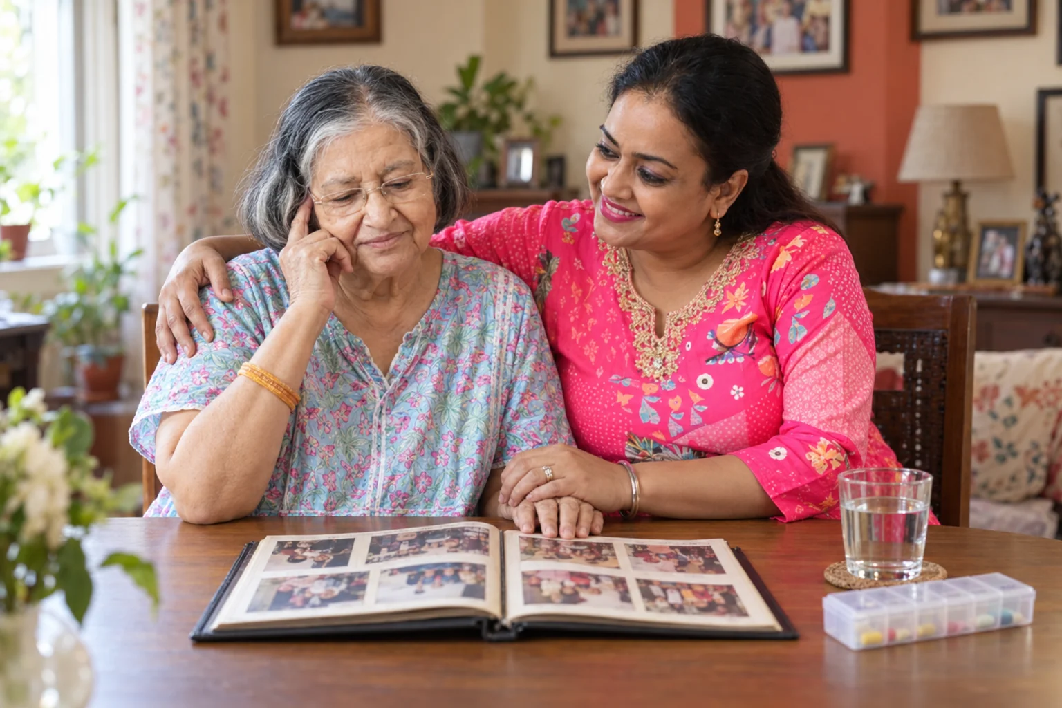 Caregiver holding an older woman’s hand as she looks at a family photo album at home.